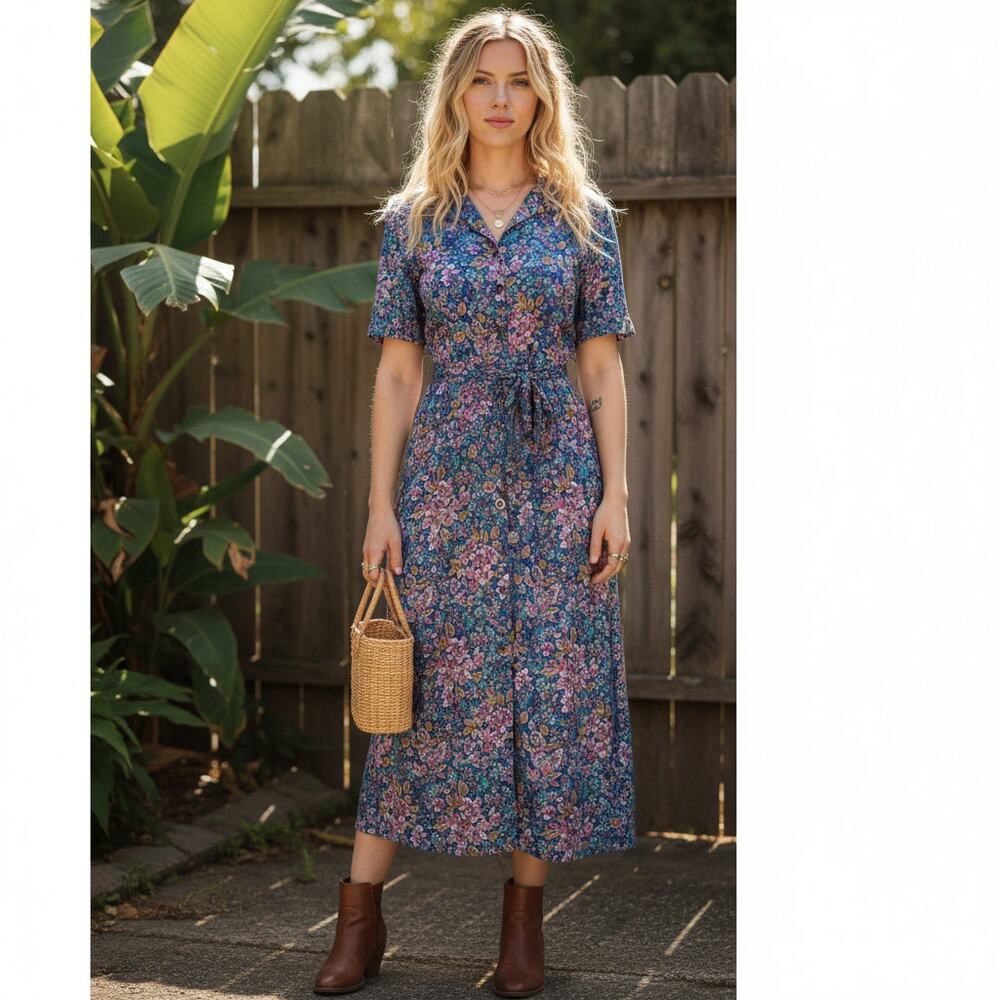 Vintage Ina Carol Floral Button‑Front Dress w/ Belt Size 18